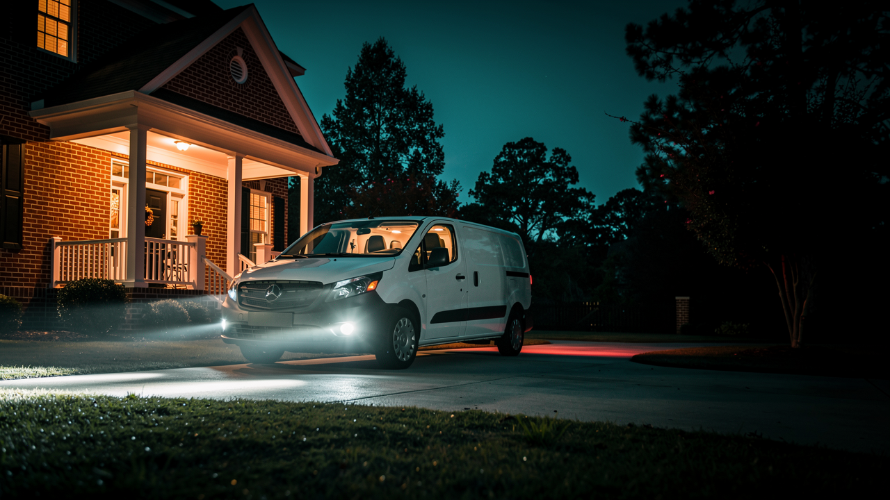 A First Choice service van outside a brick Carolina home at night