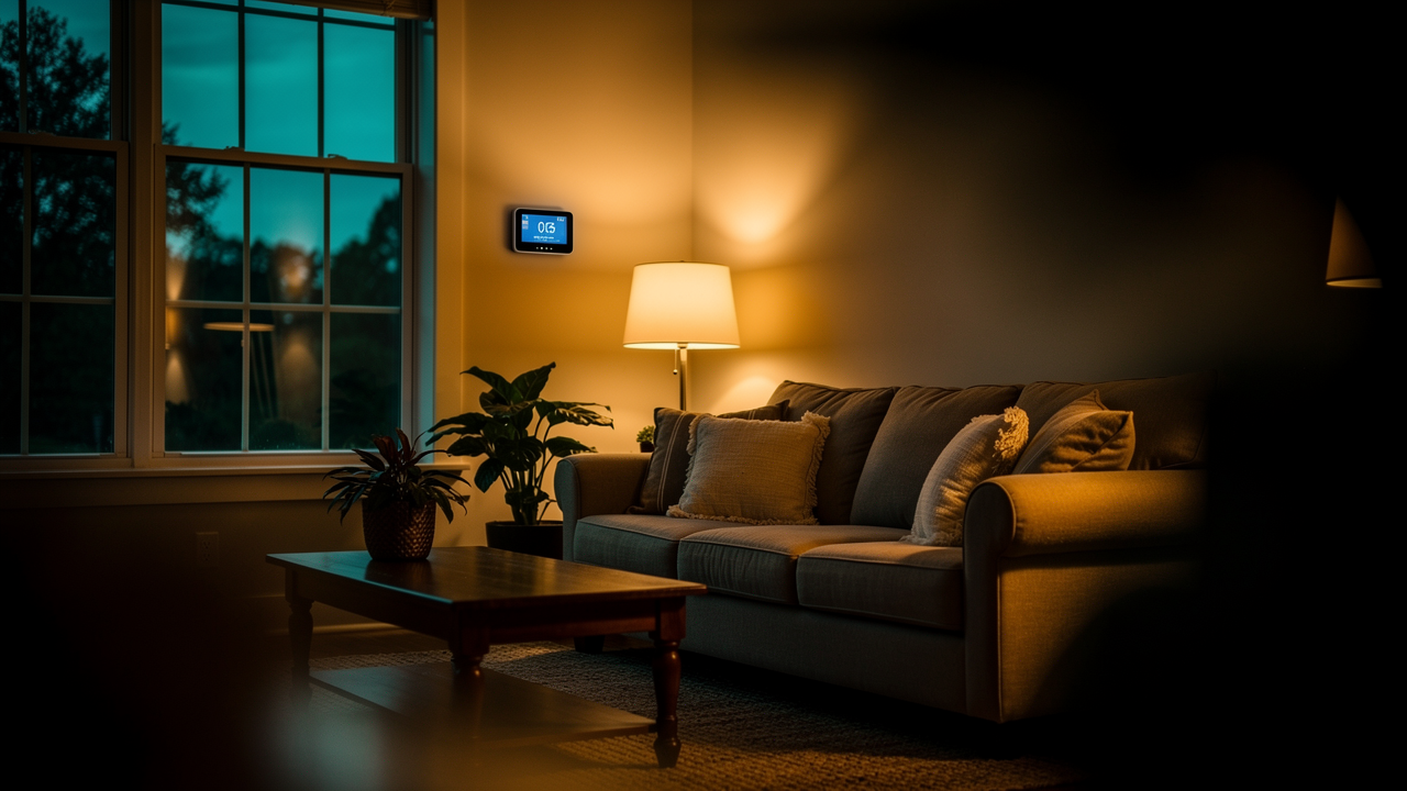 A calm, comfortable Carolina living room in the evening with a softly glowing thermostat