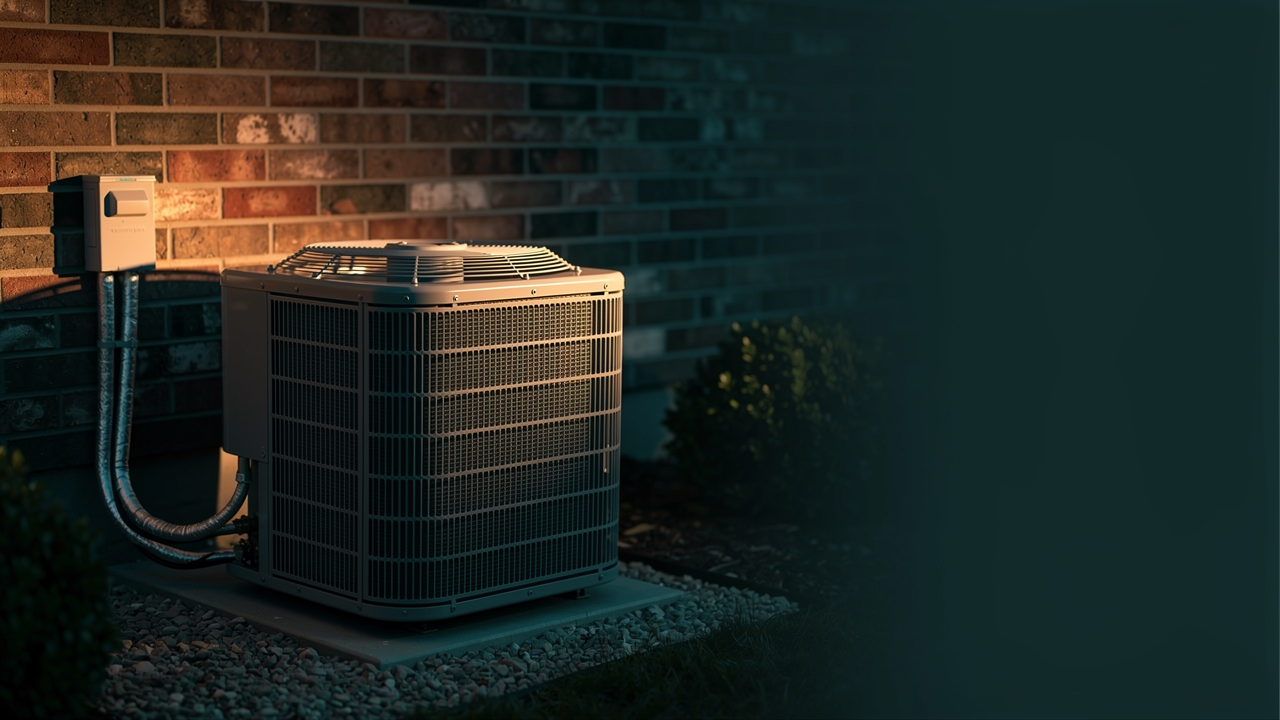 A clean, professionally installed outdoor AC condenser unit beside a brick home at dusk