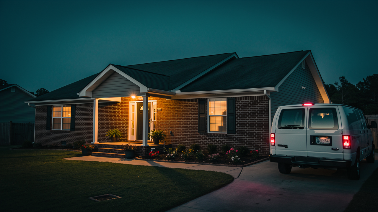 A Charlotte-area brick home at warm summer dusk, porch light glowing, a service van in the driveway