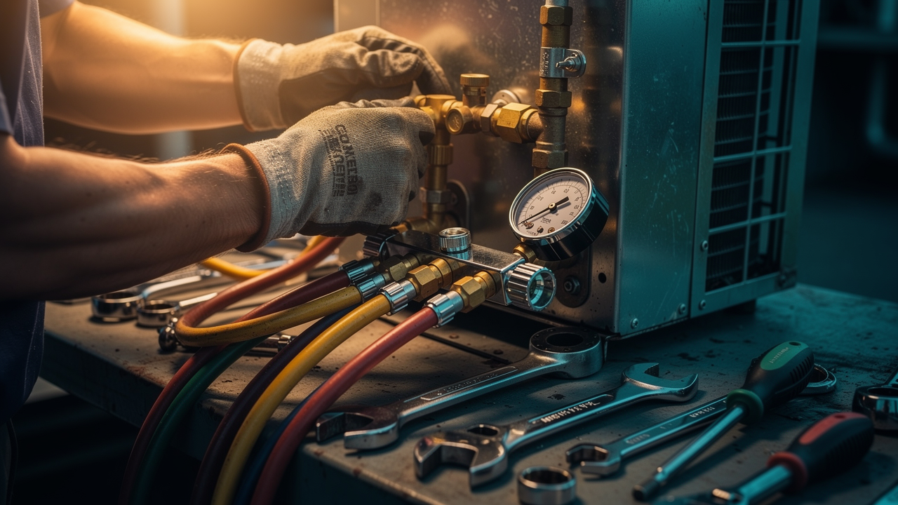 Skilled hands working on HVAC equipment with gauges and hand tools in warm work light