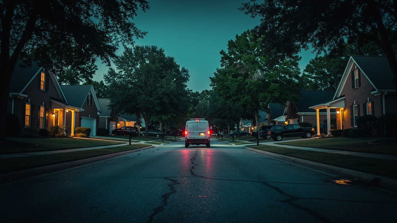 A quiet Carolina neighborhood at dusk with glowing windows